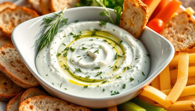 A bowl of creamy herbed feta dip topped with fresh parsley, served with colorful vegetable sticks and crispy pita chips.