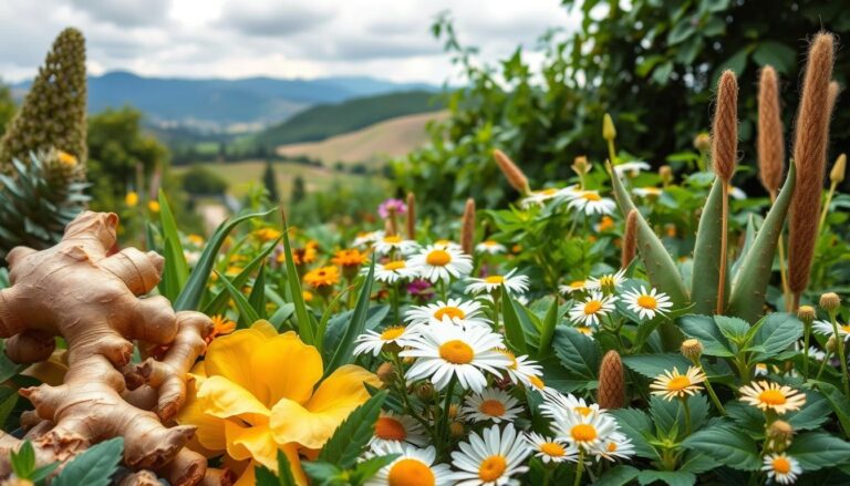 Assorted natural herbs like chamomile, ginger, and licorice root with a teacup, symbolizing herbal treatments for acid reflux.