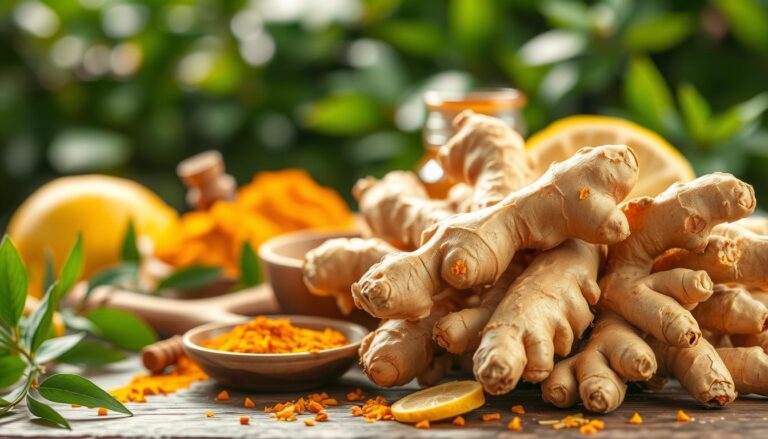 Fresh ginger root and sliced pieces on a cutting board with honey and lemon, symbolizing natural immune-boosting ingredients.