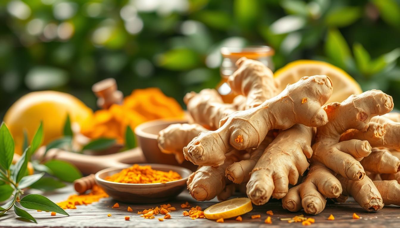 Fresh ginger root and sliced pieces on a cutting board with honey and lemon, symbolizing natural immune-boosting ingredients.