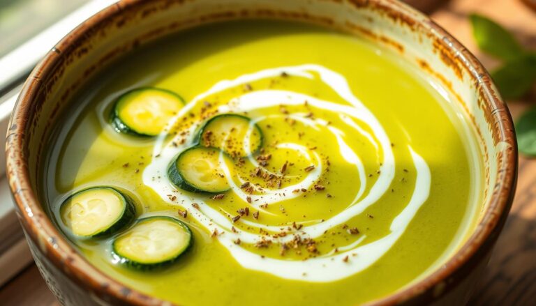 A bowl of creamy zucchini-basil soup garnished with fresh basil leaves, perfect for a light summer meal.