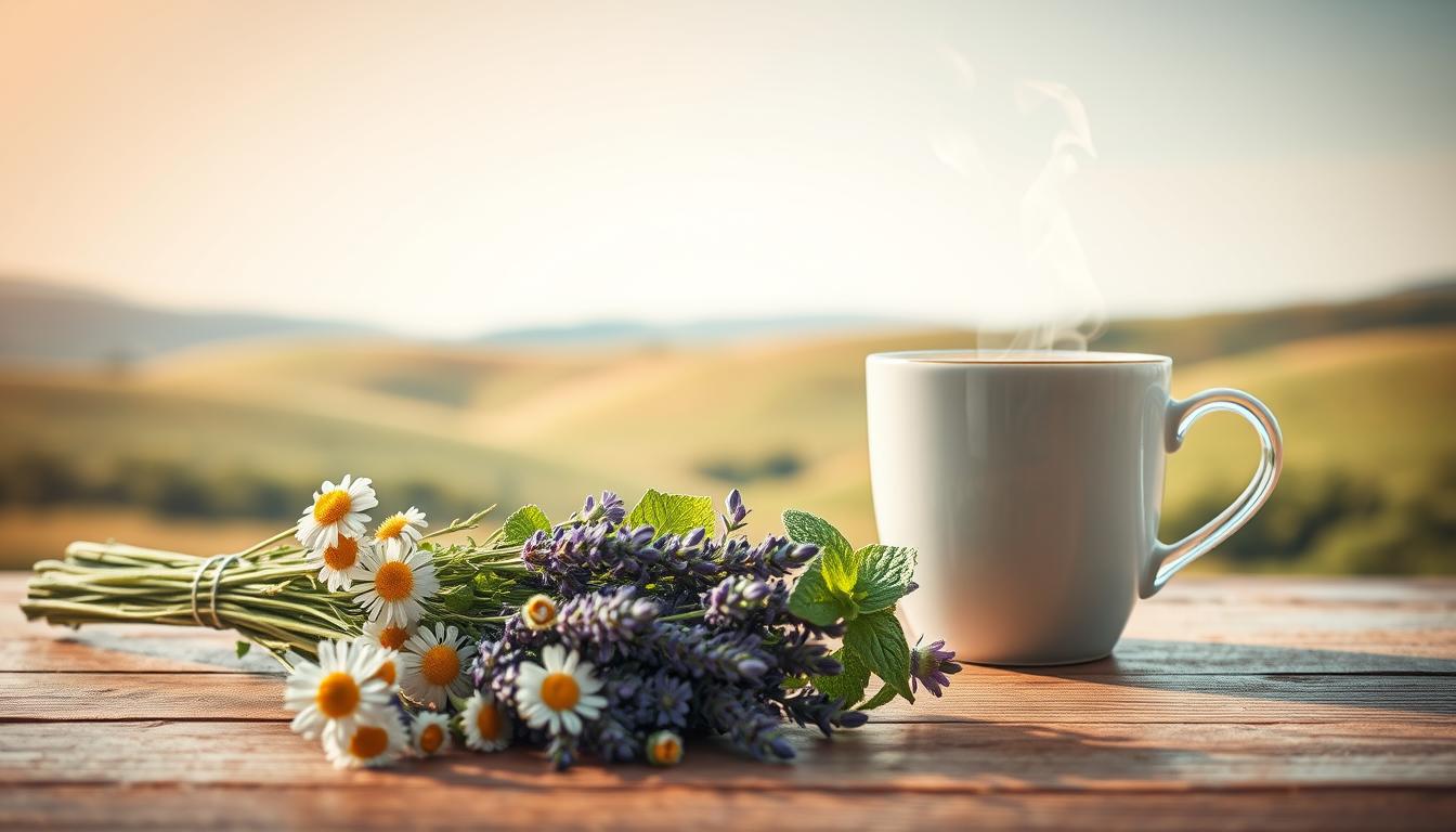 A selection of natural herbs and teas for relieving headaches, including fresh peppermint, lavender, and chamomile, displayed on a rustic wooden table.