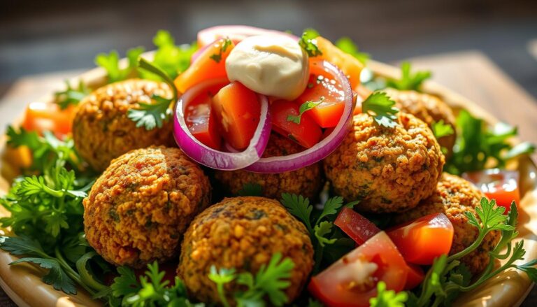 Golden, crispy falafel balls served with fresh herbs, a side of tahini sauce, and warm pita bread.