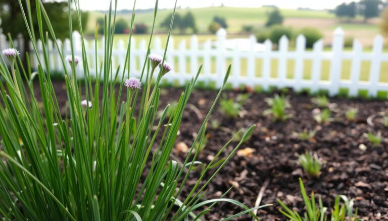 Fresh green chives growing in a garden.