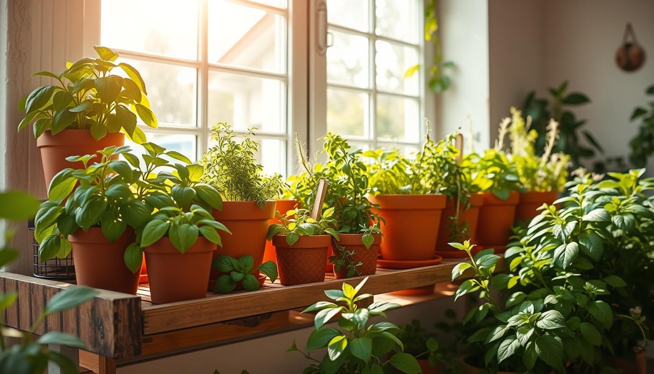 Indoor herb garden on a sunny windowsill.