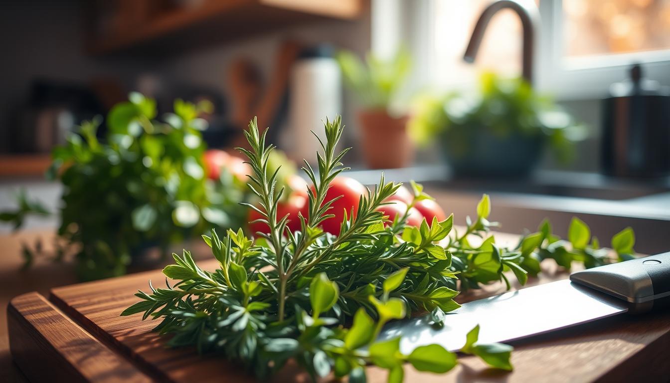 Fresh rosemary sprigs and assorted herbs on a rustic wooden board, ready for cooking.