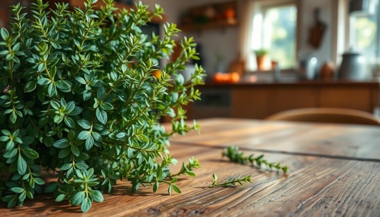 Fresh lemon thyme sprigs on a wooden cutting board, with their bright green leaves and subtle lemon aroma, perfect for enhancing a variety of dishes.
