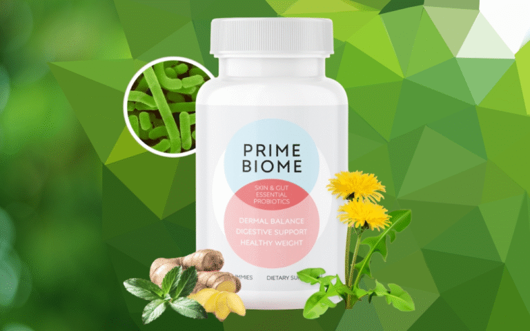 A bottle of PrimeBiome probiotics, supporting gut health and immunity.