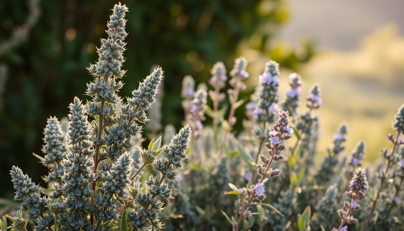 Fresh sage herb plant with silvery-green leaves, growing in a rustic terracotta pot on a wooden windowsill, bathed in natural sunlight.