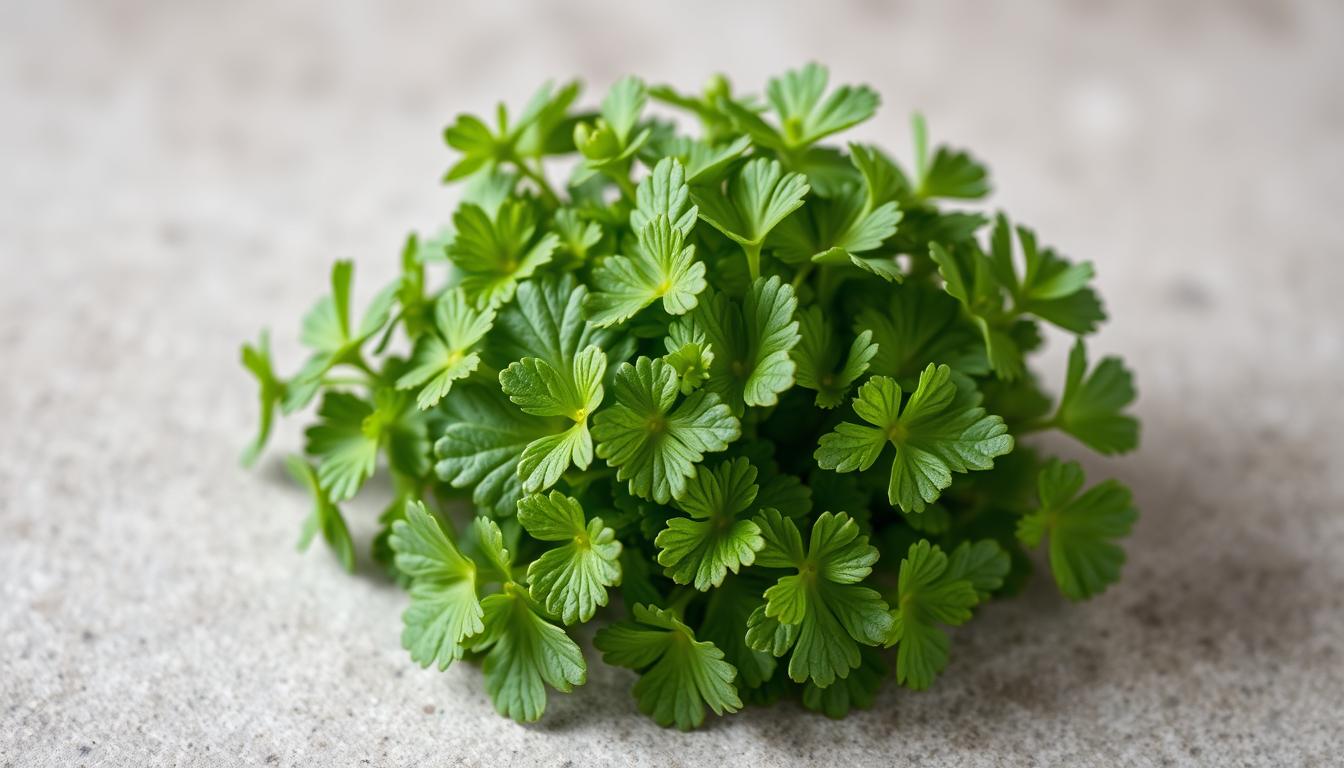 Fresh Salad Burnet leaves on a kitchen counter.